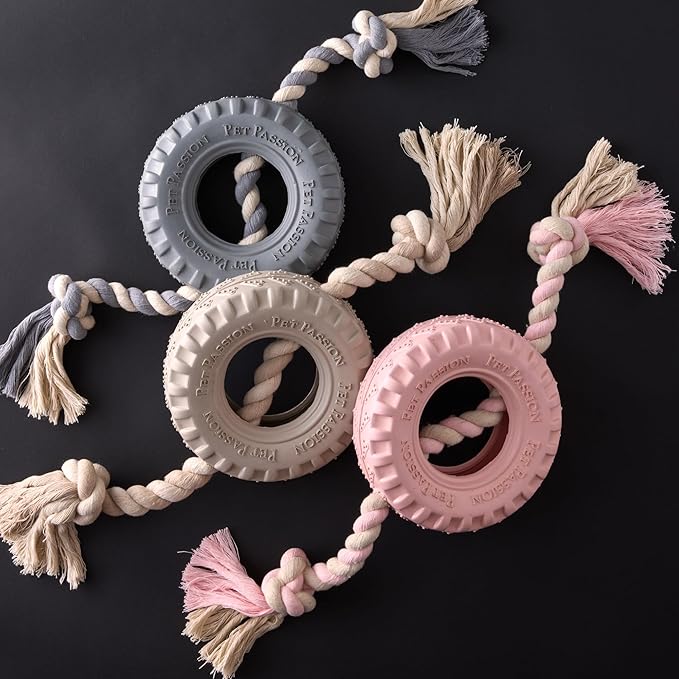 Pet Passion Natural Rubber Tire and Organic Cotton Rope Pull and Chew Dog Toy for All Pet Breeds, Blush, Small