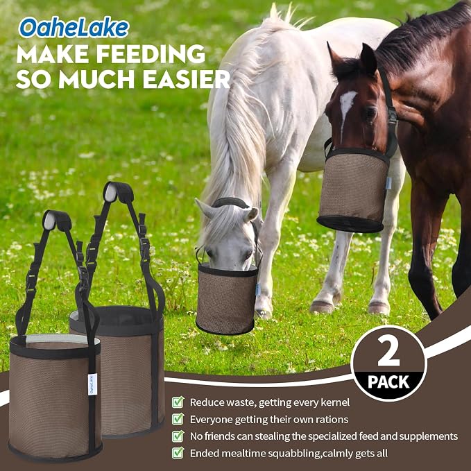 Horse Feed Bag 2 PCs, Breathable Mesh Feed Bags for Horses, Muzzle Feedbag for Feeding Grain, Anti-Spill Design Feeder, Soft Neck Pad Nose Pad, Universal Fit (Camel)