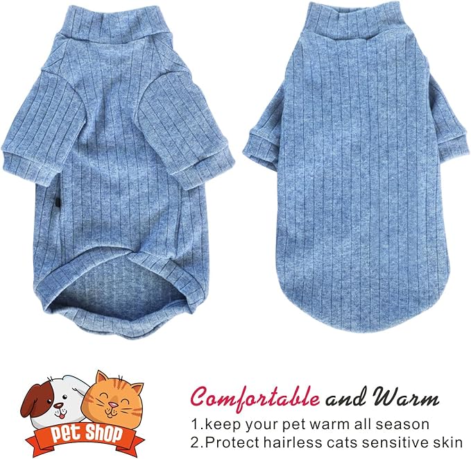 Idepet Sphynx Hairless Cats Sweater Shirt Kitten Soft Puppy Clothes Pullover Cute Cat Pajamas Jumpsuit Cotton Apparel Pet Winter Turtleneck for Cats and Teacup Chihuahua Small Dogs(Blue,XS)