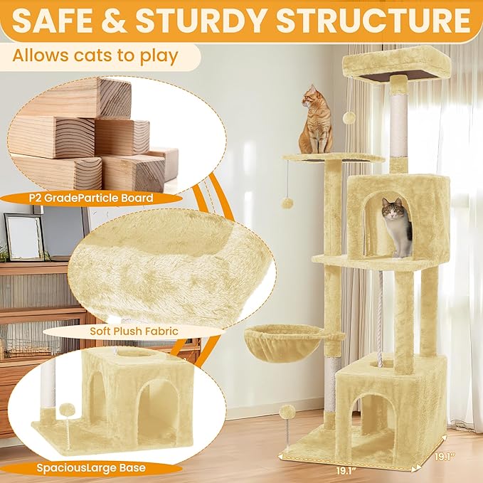 54-Inch Cat Tree Tower with 2 Caves & 2 Pompoms - Multi-Level Tower for Indoor Cats, Soft Plush Condo with Scratching Posts - Sturdy Base for Large Cats(Beige)