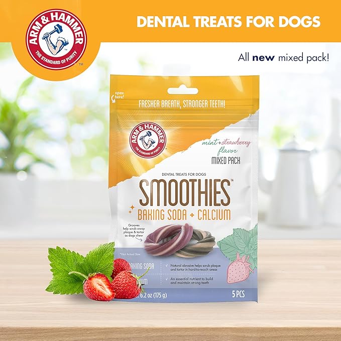Arm & Hammer Smoothies Dental Chews for Dogs with Baking Soda & Calcium, Fight Bad Breath, Plaque & Tartar Without Brushing, Mint Strawberry & Mint Flavor, Ring Shaped, 5 Count, 6.2 Oz