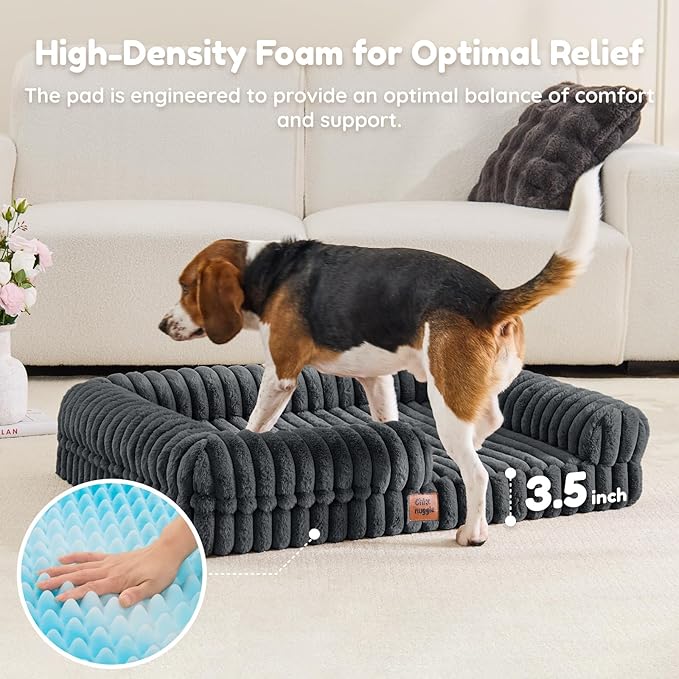 ChiXnuggle Orthopedic Dog Bed with Bolster Sides for Sleeping, Fluffy Plush Rectangular Dog Bed Large Sized Dog, Luxury Striped Faux Fur Waterproof Dog Couch with Removable Washable Cover, Dark Grey
