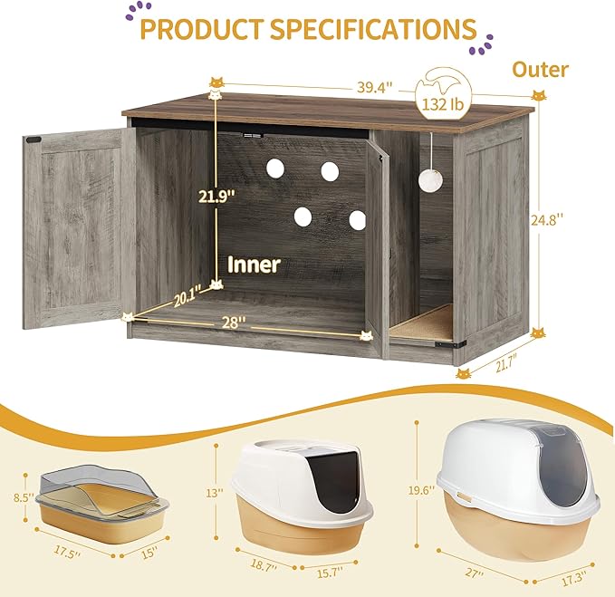 Hzuaneri Cat Litter Box Enclosure, Hidden Litter Box Cabinet Furniture with Bell, Indoor Cats House, Farmhouse Style, 39.4 x 21.7X 24.8 Inches, for Hallway, Bedroom, Greige CB85205X