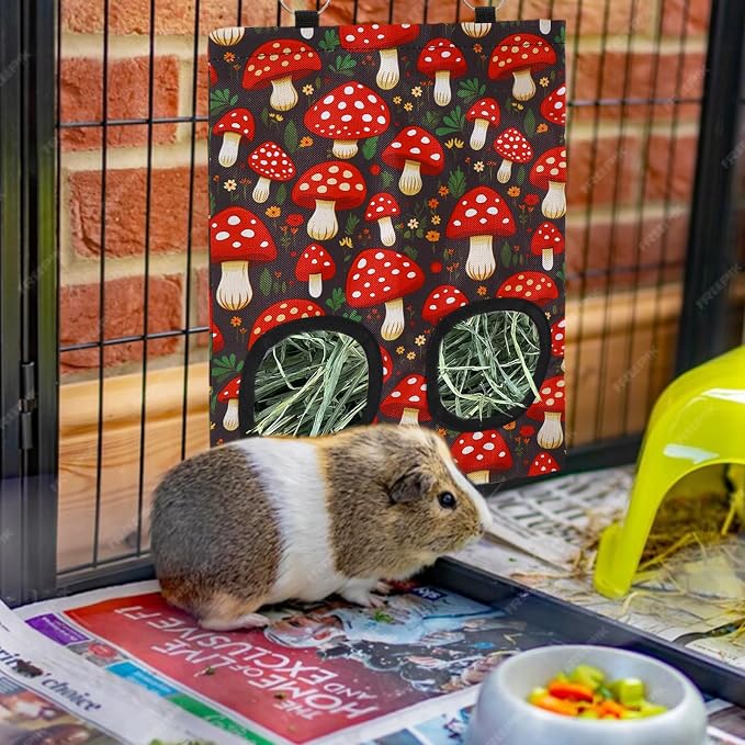 JarThenaAMCS 2Pcs Rabbit Hay Feeder Bag with 2 Holes Black Beige Mushroom Guinea Pig Hanging Hay Feeding Bag Storage Dispenser for Chinchilla Hamster Bunny Small Animal Pet