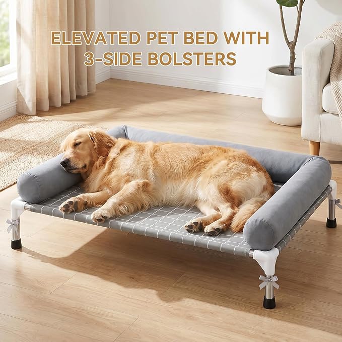 Heavy Duty Elevated Dog Bed with Bolster - 39"x27" Raised Pet Cot for Large Dogs, 0.5mm Stainless Steel Frame Double-Layer Canvas Portable Dog Sofa for Outdoor and Camping
