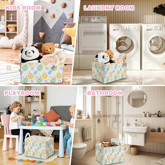 Eggs Rabbit Easter Basket, Colorful Eggs Baby Gift Basket, Empty Toy Nursery Bin, Large Square Canvas Laundry Hamper With a Waterproof PE Coating, Foldable Girls Toy Clothes Bins for Bedroom