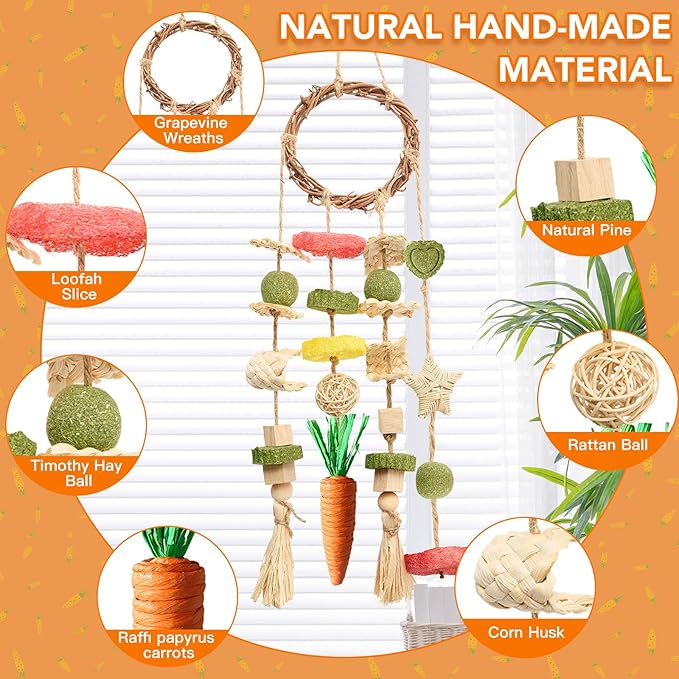 Jorewood Rabbit Chew Toys Bunny Cage Hanging Toy and Treats Rattan Ring with Snacks for Rodent Pets Teeth Healthy