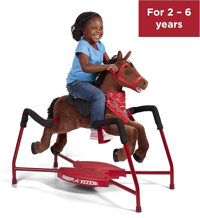 Radio Flyer Chestnut Interactive Riding Horse, For Ages 2-6, Plush Spring Rocking Horse, 3 Riding Levels, EZ Climb Step, Safety Straps, Spring Covers, Accessories, 60 lb Capacity, Toddler Ride On Toys