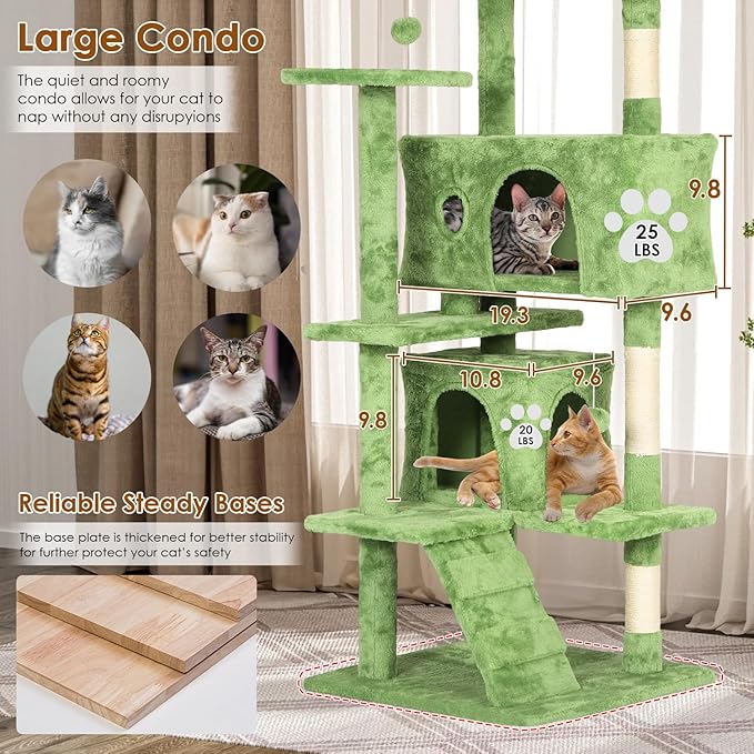 PayLessHere Cat Tree 54in Cat Tower with Cat Scratching Post,Multi-Level Cat Condo Stand House Furniture Kitty Activity Center with Furry Ball Toys Cat Tree for Indoor Cats,Green