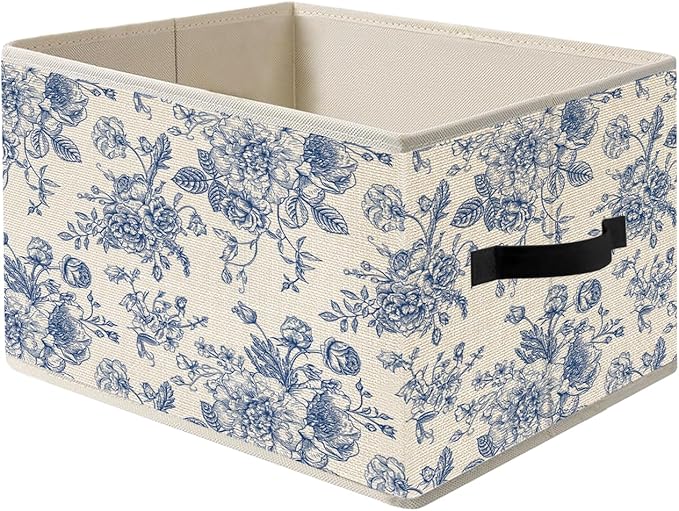 Blue and White Chinoiserie Floral Storage Bins, Grandmillennial Flower Foldable Closet Organizers Storage Basket Toybox for Clothes Bed Sheets Blankets Toys