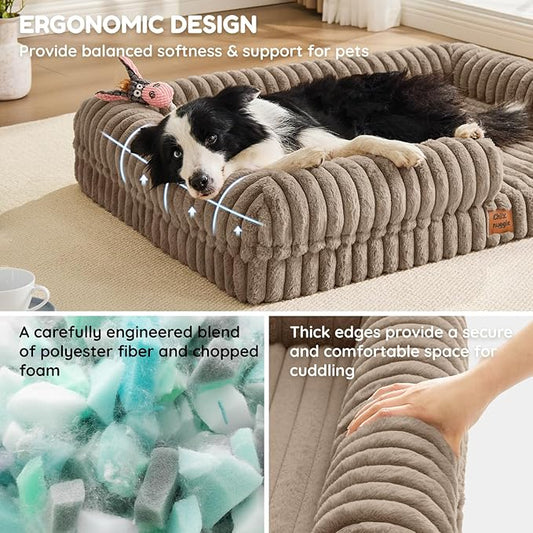 ChiXnuggle Orthopedic Dog Bed with Bolster Sides for Sleeping, Fluffy Plush Rectangular XL Dog Bed, Luxury Striped Faux Fur Waterproof Dog Couch with Removable Washable Cover, Taupe