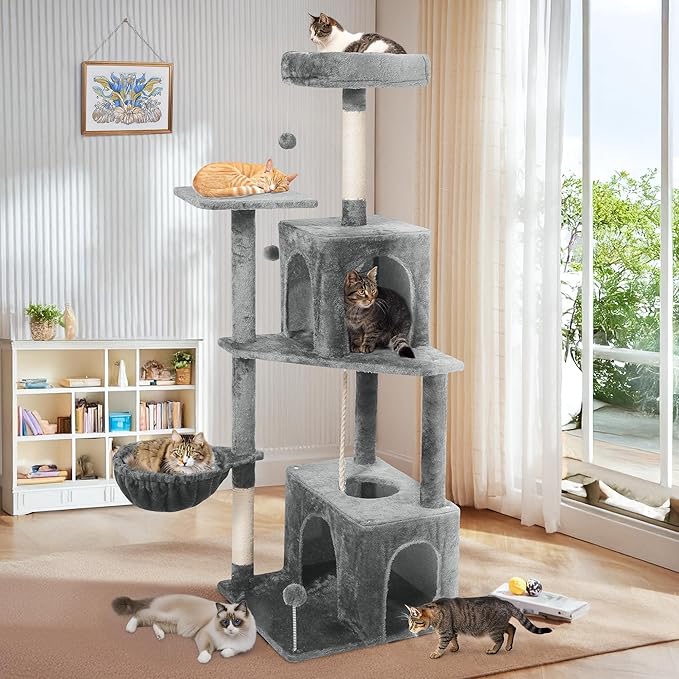 54-Inch Cat Tree Tower with 2 Caves & 2 Pompoms - Multi-Level Tower for Indoor Cats, Soft Plush Condo with Scratching Posts - Sturdy Base for Large Cats(Gray)