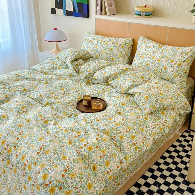 BlueBlue Floral Duvet Cover Set Twin 100% Cotton Bedding for Kids Boys Girls Teens Yellow Daisy Green Leaf White Lamb Sheep Print 1 Garden Comforter Cover 2 Pillowcases (Twin)
