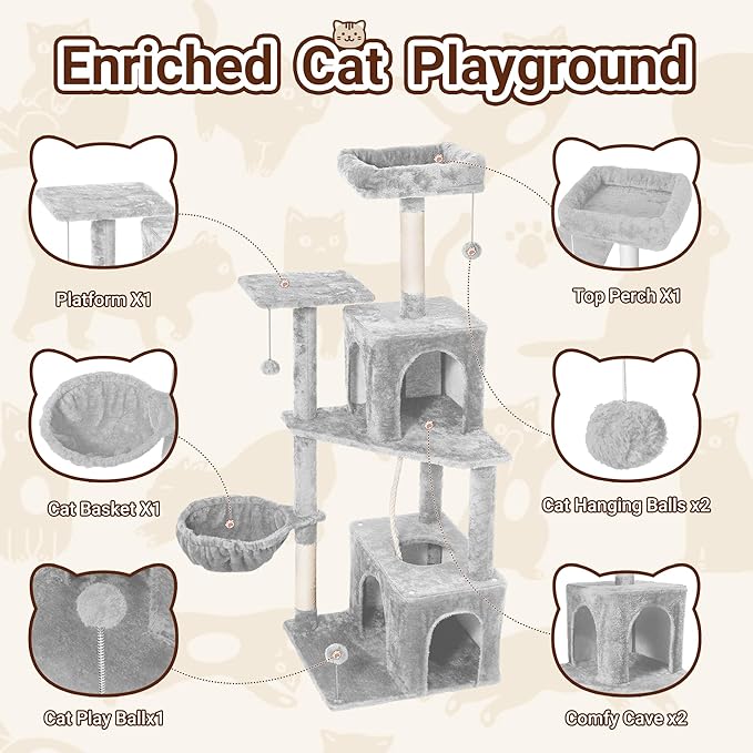 54-Inch Cat Tree Tower with 2 Caves & 2 Pompoms - Multi-Level Tower for Indoor Cats, Soft Plush Condo with Scratching Posts - Sturdy Base for Large Cats (Light Grey01)