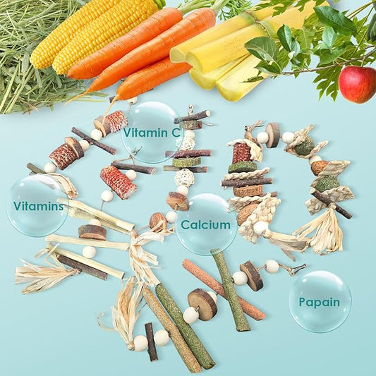 6PCS Bunny Chew Toys, Hamster Rabbit Cage Hanging Chew Toys, Natural Apple Wood Bunnies Treats, Improve Small Animal Teeth Health for Guinea Pig Chinchilla Ferret Rats Gerbil