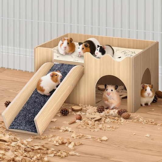 Wooden Guinea Pig Hideout with Non-Slip Mat Ramp & Platform for Small Pets | Natural solid wood with screw-fixed structure, smooth burr-free edges ensure a pet-safe, sturdy shelter for long-term use