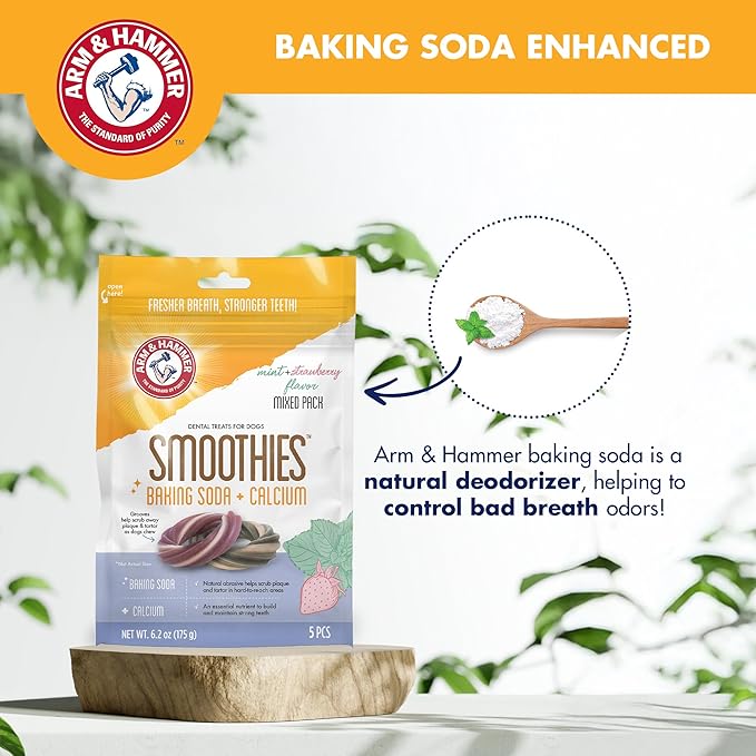 Arm & Hammer Smoothies Dental Chews for Dogs with Baking Soda & Calcium, Fight Bad Breath, Plaque & Tartar Without Brushing, Mint Strawberry & Mint Flavor, Ring Shaped, 5 Count, 6.2 Oz