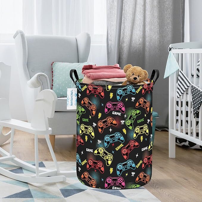 Laundry Basket Canvas Fabric Collapsible Organizer Basket for Storage Bin Toy Bins Gift Baskets Bedroom Clothes Children Nursery Hamper (Game)
