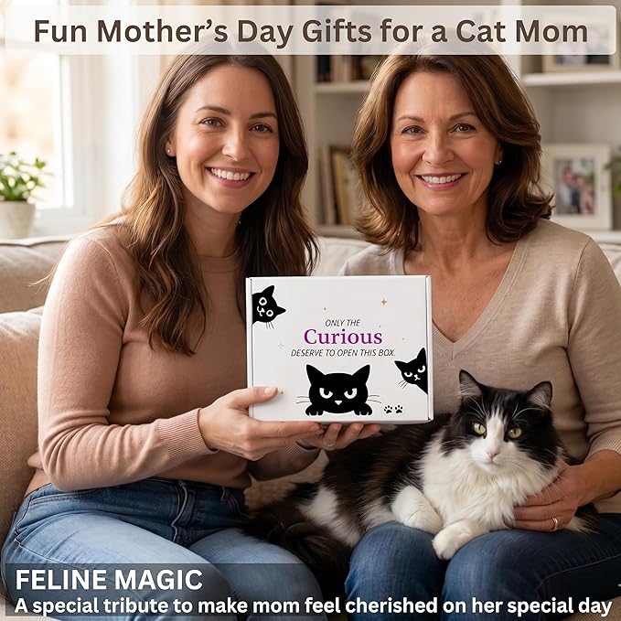 Fun Cat Mom Mothers Day Gifts Box, Cat Lover Gifts for Women, Premium Cats Themed Gifts Set for Women with Borosilicate Glass Cup Crochet Doll & Socks, Crazy Cats Lady Gift Basket for Birthday