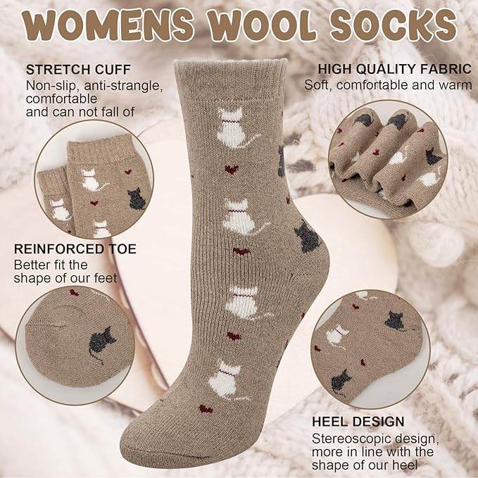 Justay 5 Pairs Womens Wool Socks Thick Warm Winter Socks Casual Cozy Socks Vintage Knit Crew Socks Gift for Women