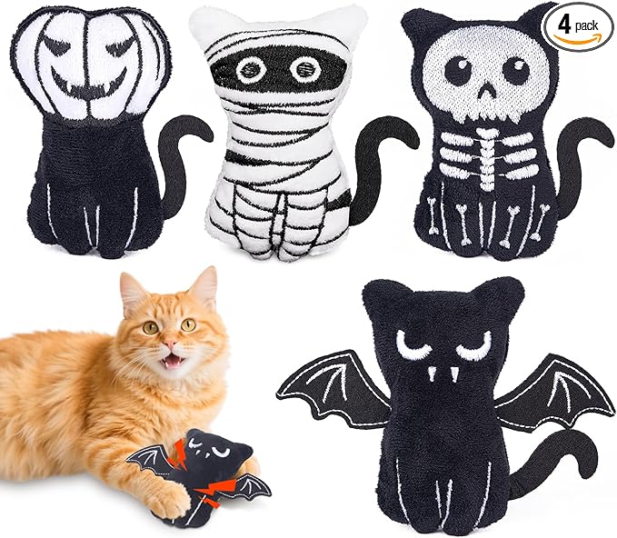 Retro Shaw Catnip Toys, 4 Pack, Horror Goth Cat Toys for Indoor Cats Kitten, Crinkle Interactive Cat Nip Kitty Toys for All Breeds (3.7 Inches)