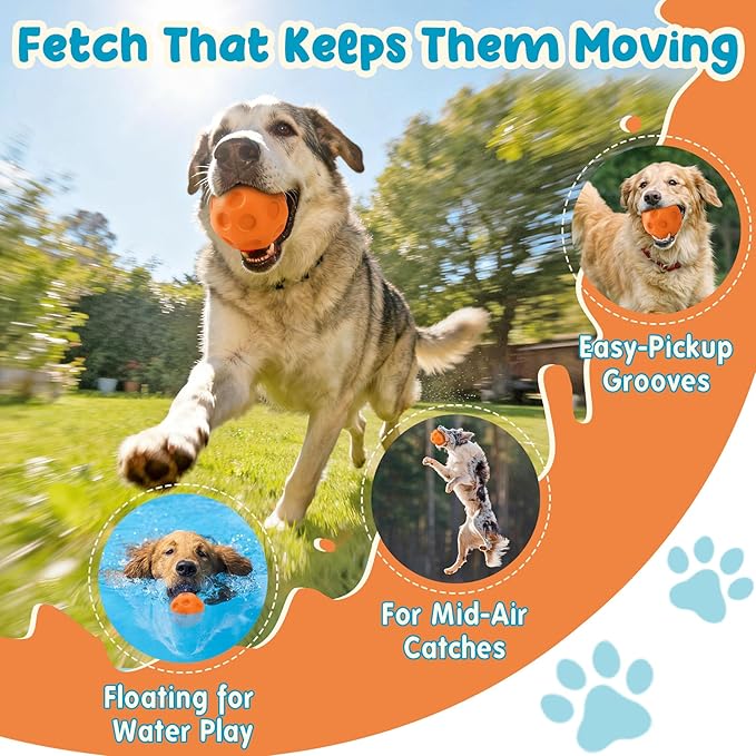 KIPRITII 3 Pack Dog Balls for Medium & Large Dogs - High Bounce & Floating Fetch Balls, Interactive Outdoor Toys with Easy-Pickup Grooves, Bright Orange