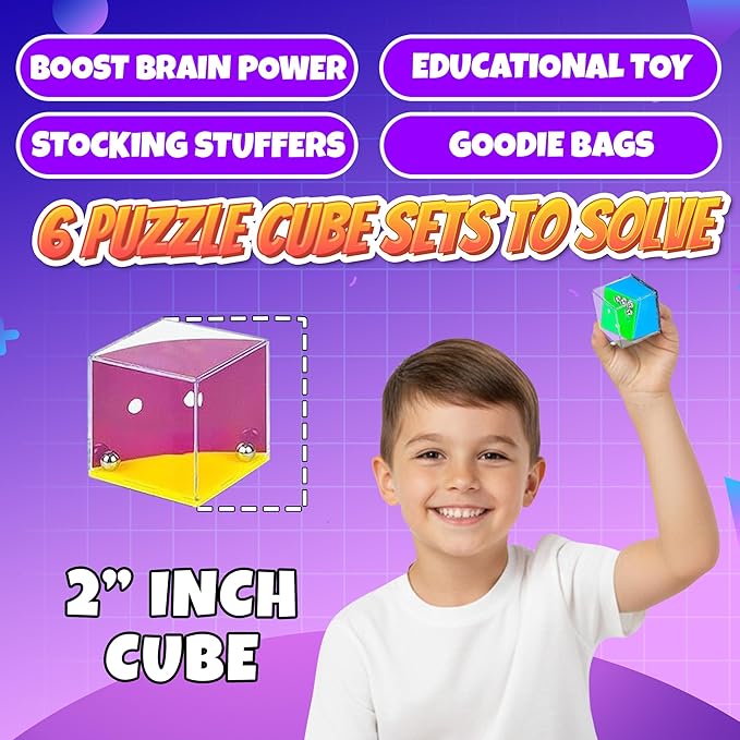 Brain Teaser Puzzle Cubes on Keychain (6 Pack) - Mini Maze Toys for Kids, Unique Party Favors, Goodie Bag Fillers, Treasure Box Classroom Rewards, Bulk Small Toys for Boys & Girls
