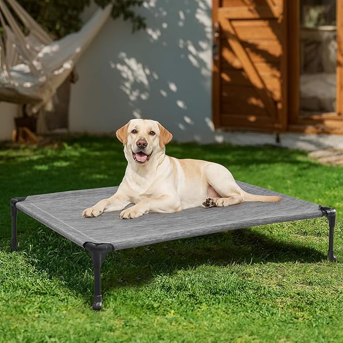 Veehoo Outdoor Elevated Dog Bed Large Sized Dogs, Large Cooling Raised Dog Cots Beds Training Platform Off Ground Hammock with Breathable Mesh, No-Slip Feet, 42"x30", Black Silver