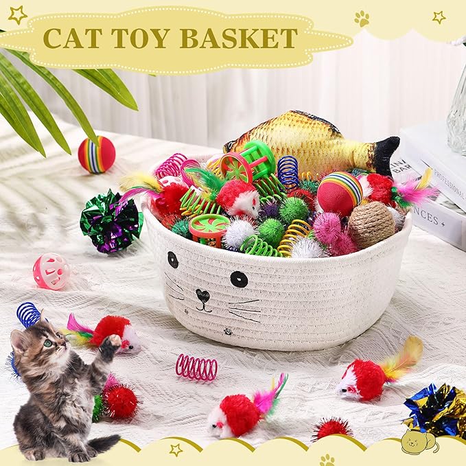 Zopeal 58 Pcs Mother’s Day Cat Storage Basket Gift Toys Set, Colorful Flashing Balls Pet Bell Crinkle Balls Spring Toys Attract Cat to Swat, Hunt, Interactive for Pet(White,9.8 Inch)
