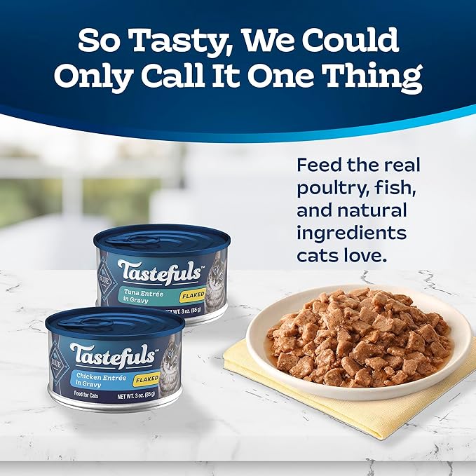 Blue Buffalo Tastefuls Wet Cat Food, Made with Natural Ingredients, Tuna and Chicken Flaked Entrées in Gravy, 3oz Cans, 4-Count Variety Pack Trial Size
