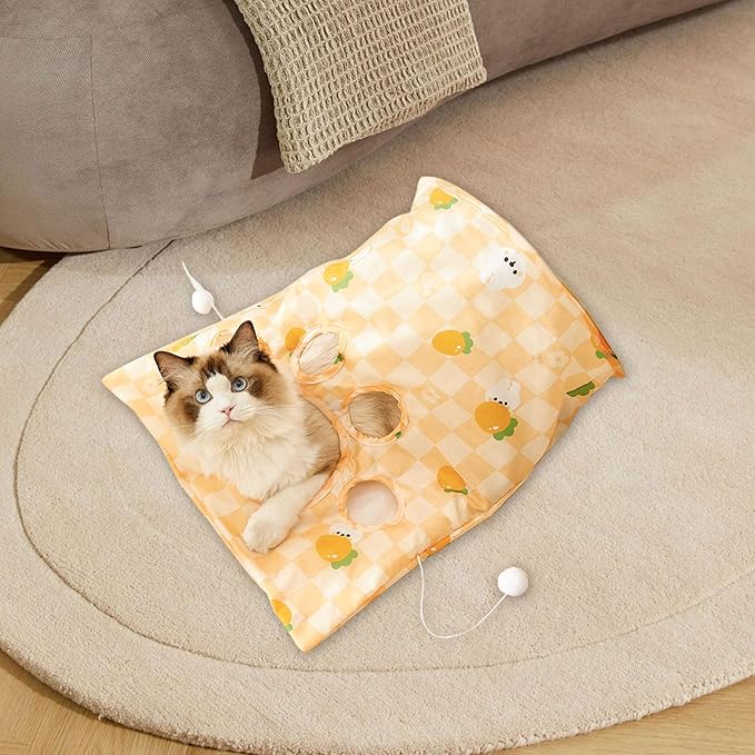 Andiker Cat Tunnel Bags for Indoor Cats, 13x17x12In Foldable Cat Crinkle Bag with 3 White Plush Balls and 1 Mouse 5 Holes for Kitten to Hide and Catch 3 Layers Cat Toy (Rabbit)
