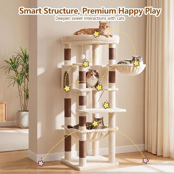 Heybly Cat Tree, 53.1-Inch Corner Stable Cat Tower for Large Indoor Cats, Well-Structured Interactive Cat Condo with Fan-Shaped Top Perch, Cozy Condo, Sturdy Base, Basket & Hammock, Beige HCT029MJ