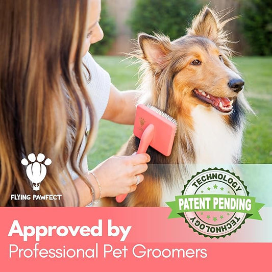Flying Pawfect Dog Slicker Brush for Grooming Pet Hair - Best Slicker For Poodle & Golden Doodle - Long Haired Tool For Dogs - Goldendoodle Long Pin Brush For Dematting (Coral, Flat Large)