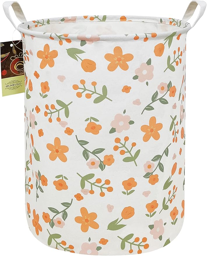 Collapsible Fabric Storage Basket, Waterproof Laundry Hamper with Handles, Round Storage Bin for Clothes Toys, Foldable Organizer for Bedroom Nursery Bathroom(Round-Orange Flower)
