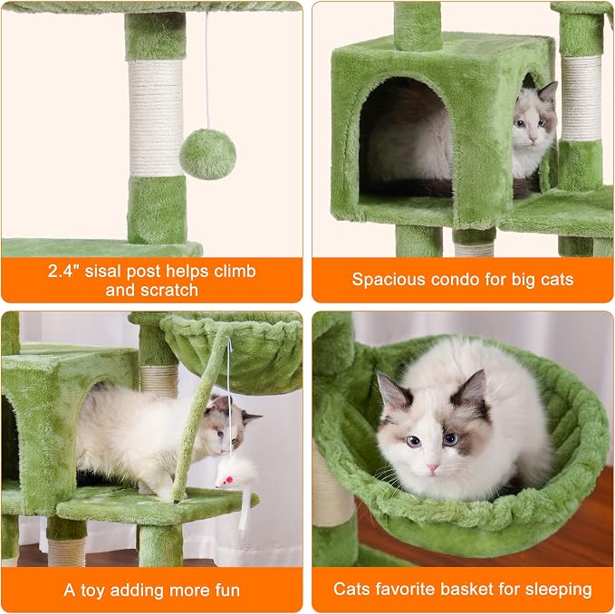 Heybly Cat Tree with Toy, 43.3 inch Cat Tower condo for Indoor Cats, Cat House with Padded Plush Perch, Cozy Hammock and Sisal Scratching Posts, Green HCT004SGR