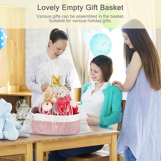 Small Woven Basket with Gift Bags and Ribbons, Empty Baby Gift Baskets for Kids Women Men, Shelf Storage, Small Cat Dog Pet Toy Boxes, 13”x 9”x 5.5”, Dusty Pink