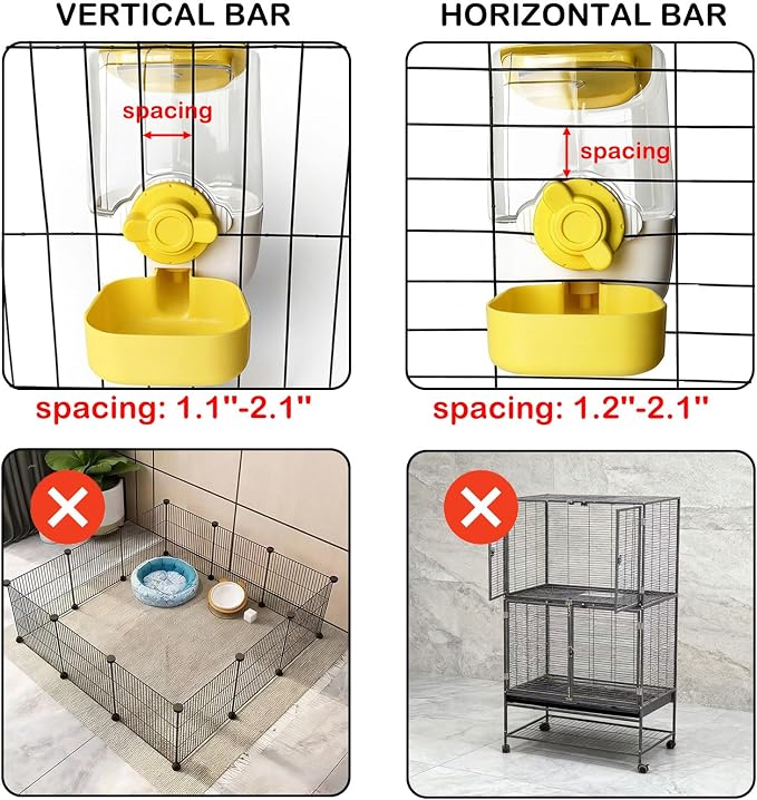 Rabbit Water Bottle, 34oz Pet Hanging Water Dispenser, Cat Water Feeder for Small Animal Ferret Guinea Pig Chinchilla Small Dog Cage Grid Spacing 1.2''-2.1''(Yellow)
