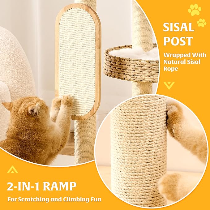 HITTITE Modern Cat Tree Tower with Scratching Post, 47 Inches Tall Cat Towers with Scratching Ball & Pad, Multi-Level Cat Tree with Rattan Bed and Removable Cushions for Indoor Cats Large Adult.
