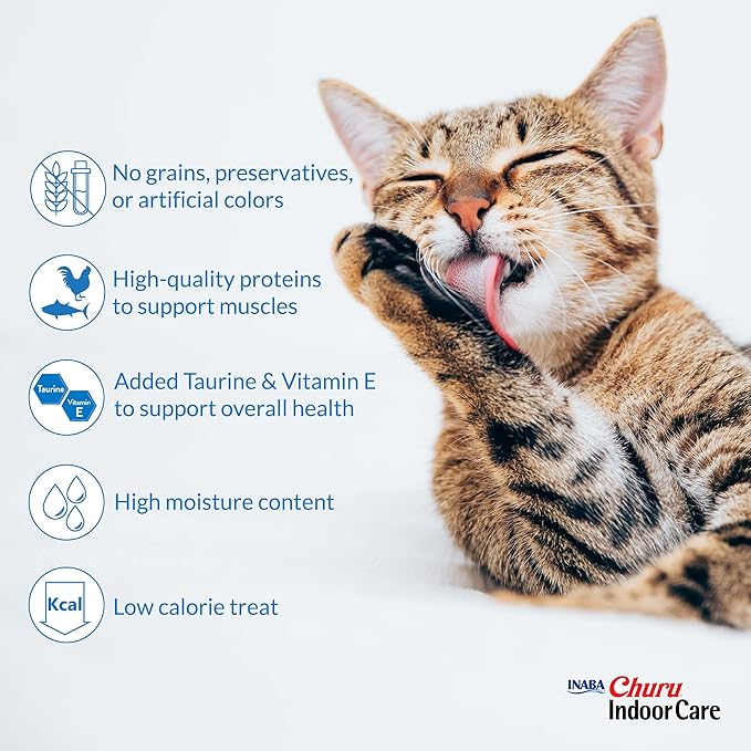 INABA Churu Indoor Care for Hairball Control, Functional Lickable Cat Treat with Taurine & Green Tea Extract, 0.5oz Each, 60 Tubes Total, Chicken & Seafood Variety