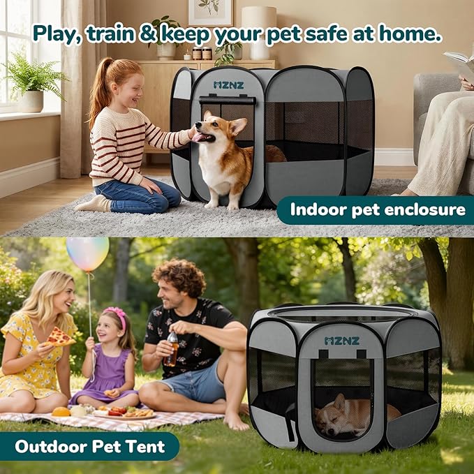 Dog Playpen, Portable Puppy Pet Crate Indoors for Small/Medium Dogs Cats Rabbits, Foldable Dog Cage Enclosure for Outdoor, Pop Up Dogs Tent Kennel with Carrying Case, Whole Grey