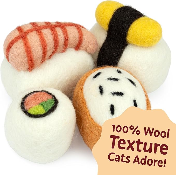 Woolbuddy Sushi Cat Toy Set – Wool Felt Interactive Toys for Indoor Cats & Kittens, Catnip-Free, Durable, Cute Enrichment Toys for Bored Cats, Natural Wool Dental & Hunting Play (Large – 4 Pcs)