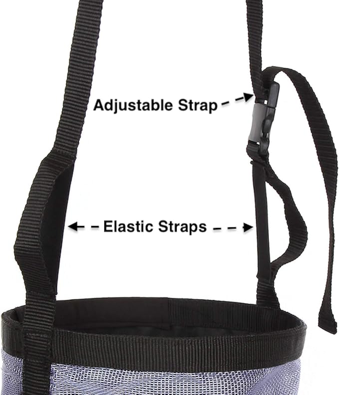 Majestic Ally Horse Feed Bag, Heavy Duty Nylon Mesh Grain Feed Bag, Adjustable Strap with Durable Snap and Elastic Straps, Comfort Neck Pad and Nose Pad- Large (Pony, Dark Gray)