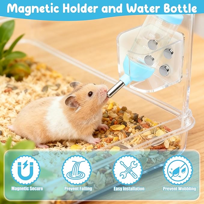 Magnetic Hamster Water Bottle Holder with Water Bottle, Adjustable Height Drop-Resistant Stand, Fits Bottles up to 2" Dia, Universal for Small Pets (Hamsters, Gerbils, Mice), Hamster Cage Accessories