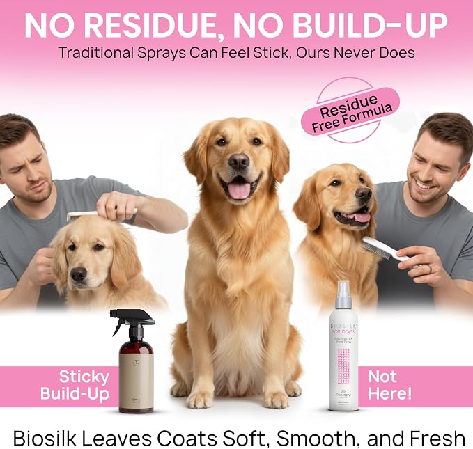 BioSilk for Dogs Silk Therapy Detangling and Shine Protecting Spray, pH Balanced Leave-In Mist with Silk and Vitamins for Dematting, Paraben-Free, All Coats and Breeds, 8 Fl Oz