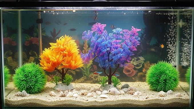 Aquarium Decor Set – Fish Tank Decorations & Accessories with Artificial Aquarium Plants, Shells, Coral Reef Decor, Betta Fish Tank Accessories & Ornaments for Small or Large Fish Tanks