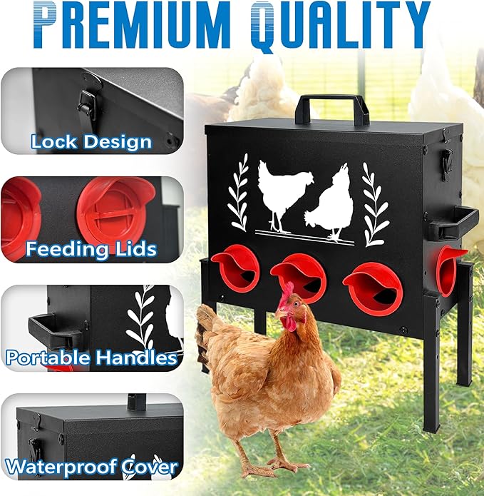 No Waste Automatic Chicken Feeder (50 LB), Rodent Resistant Metal Poultry Feeder with Locking Lid, Adjustable Stand & 8 Ports, Heavy Duty Weatherproof Feed Box for Hens, Ducks