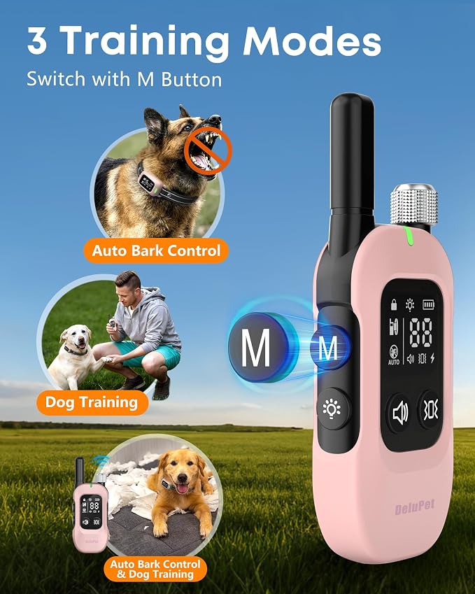 2-in-1 Dog Bark & Training Collar – 4500FT Shock Collar with Remote Control, Automatic Anti-Barking E Collar with IPX8 Waterproof & LED Light for Small Medium Large Dog (Pink)