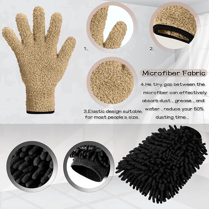 Potchen 6 Pcs Microfiber Dusting Mitt Gloves for Plants Washable Dusting Gloves for House Cleaning Furniture Car Washing