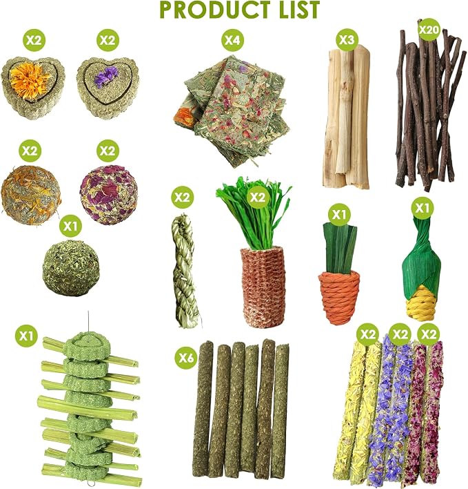 53Pcs Rabbit Chew Toys,Rabbit Toy for Bunnies Boredom Bunny Toys for Teeth, Timothy Stick, Apple Sticks, Sweet Bamboo, for Guinea Pig, Hamster, Chinchilla, Rat, Small Animals