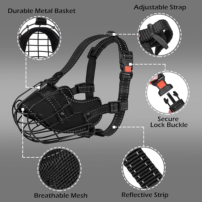 OOPSDOGGY Pitbull Dog Muzzle Reflective Metal Mask Secure Wire Basket Muzzles for Large Sized Dogs Amstaff Soft Cage to Prevent Biting Chewing with Adjustable Nylon Straps (Black, Pitbull)